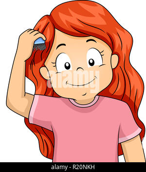 Colorful Illustration Featuring a Cute Little Redhead Girl Combing Her Curly Hair Stock Photo