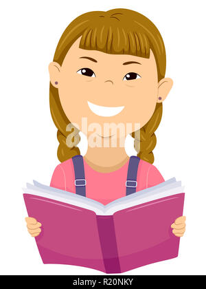 Colorful Illustration Featuring a Cute Little Girl With Drown Syndrome Reading a Book Stock Photo