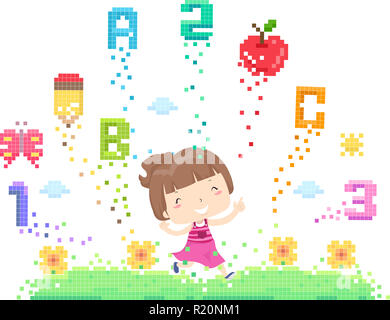 Colorful Illustration Featuring a Cute Little Girl Playing With Pixelated Education Related Elements Stock Photo