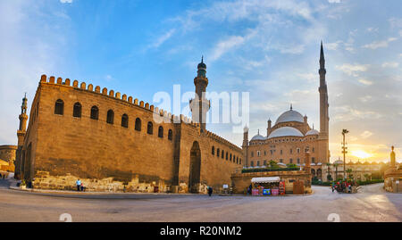 CAIRO, EGYPT - DECEMBER 21, 2017: Panorama of Saladin Citadel with medieval Al-Nasir Muhammad Mosque and  Muhammad Ali (Alabaster) Mosque and the suns Stock Photo