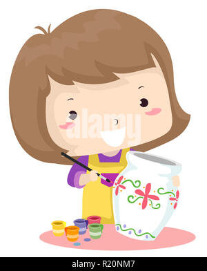 Colorful Illustration Featuring a Cute Little Girl Painting a Pot With Flowers Stock Photo