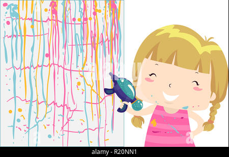 Colorful Illustration Featuring a Cute Little Girl Painting a Wall Using a Squirt Gun Stock Photo