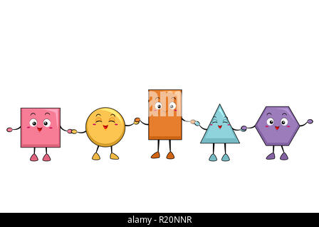 Colorful Mascot Illustration Featuring Basic Geometric Shapes Holding Hands Stock Photo