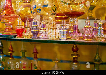 The beautiful perfume bottles of Egyptian glass in stall of Khan El Khalili Bazaar, Cairo, Egypt. Stock Photo