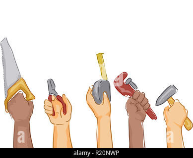 Cropped Illustration Featuring Hands Holding Different Construction Tools Stock Photo