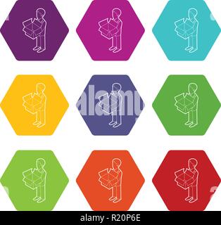 Businessman holding an outline box icons set 9 vector Stock Vector
