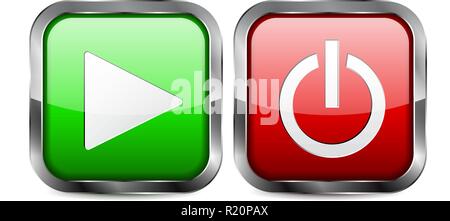 Web 3d square buttons. Play and Power glass icons Stock Vector