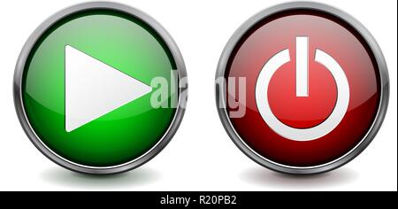 Web 3d round buttons. Play and Power glass icons Stock Vector
