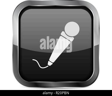 Mic button. Black glass 3d icon with metal frame Stock Vector