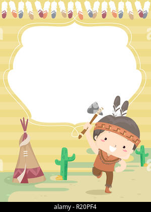 Colorful Background Illustration Featuring a Cute Little Boy Dressed Like a Native American Doing a Little Dance Stock Photo