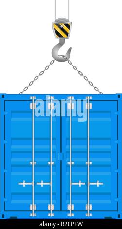 Blue shipping container on a crane hook Stock Vector