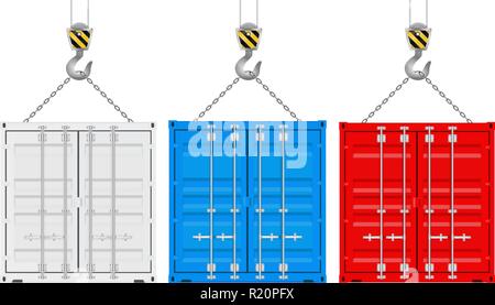 Colored shipping containers on a crane hook Stock Vector