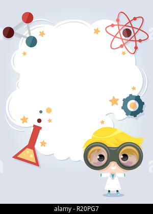 Colorful Background Illustration Featuring a Cute Little Boy Surrounded by Laboratory Tools Stock Photo