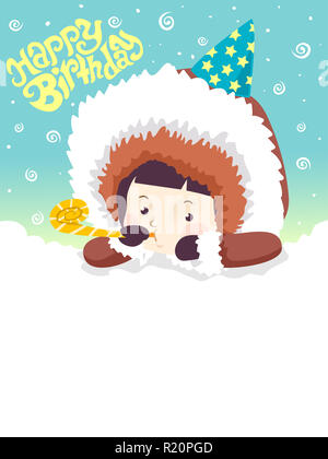Colorful Background Illustration Featuring a Cute Little Boy in Winter Clothes With the Words Happy Birthday Written Above Him Stock Photo