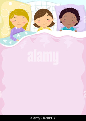 Colorful Background Illustration Featuring Cute Little Girls Sleeping Peacefully Side by Side Stock Photo