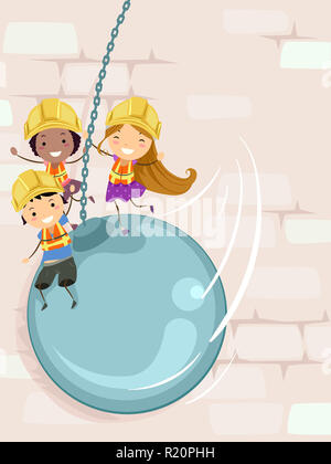 Colorful Background Illustration Featuring Stickman Kids in Reflective Vests Playing on Top of a Wrecking Ball Stock Photo