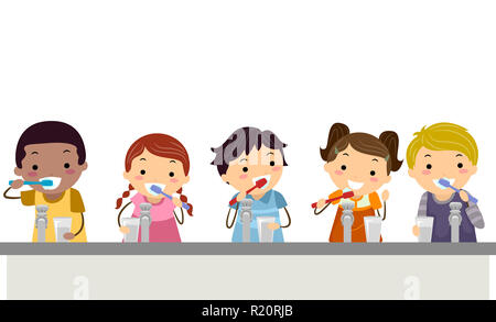 Illustration of Stickman Kids Holding Toothbrush and Glass of Water Brushing their Teeth Stock Photo
