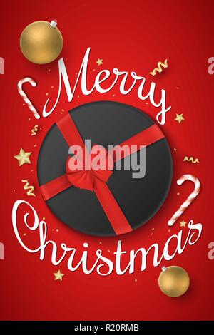 Christmas poster. Black gift box with red ribbon. Christmas golden balls. Confetti with serpentine. Golden stars and lollipops. Vector illustration. E Stock Vector