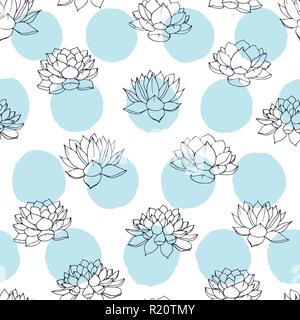 Hand drawn vector lilies contours with blue circles seamless pattern on white background. Vintage floral design. Stock Vector