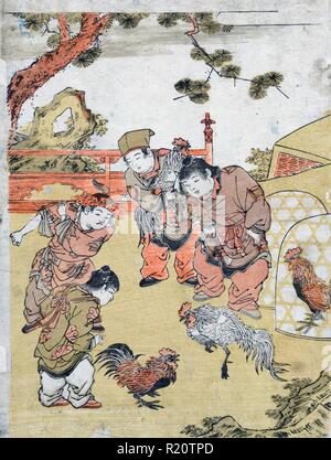 Colour woodcut titled 'Karako no tokei' depicts Chinese children fighting chickens. Created by Shigemasa Kitao (1739-1820) Dated 1773 Stock Photo