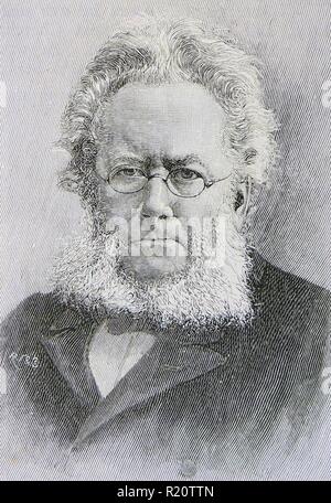 Henrik Ibsen (1828-1906) Norwegian poet and dramatist. Ibsen aged 43, Engraving. Stock Photo
