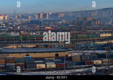 RailwChita, Russia - February 6, 2018: freight trains on a Russian railway station, Railway goods station in the russian city, cargo containers, cargo Stock Photo