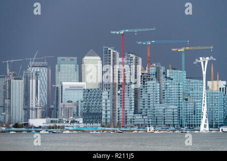 A view towards the financial centre of Canary Wharf in London. From the Open City Thames Architecture Tour East. Photo date: Saturday, November 10, 20 Stock Photo