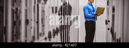 Technician using laptop while analyzing server Stock Photo