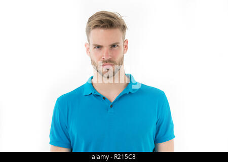 Focused glance. Man bristle concentrated strict face looks at camera isolated white. Man beard unshaven guy looks handsome and cool. Guy bearded concentrated focused looking forward. Stock Photo