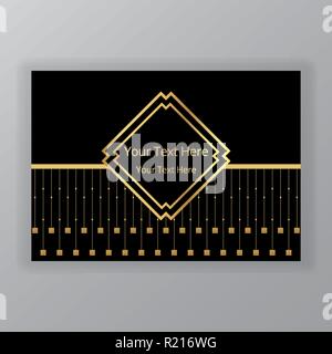 Creative art deco page, golden chains and squares with rhomb tamplate for text. Geometric background, elegant sample for print and web. Stock Vector