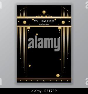 Geometric metal  background , techno  neoclassical style modern ,page concept book cover , bar menu , frame golden black . Stock Vector