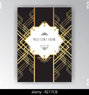Modern golden black page background for print and web art deco , art novo page template. Line art geometric elegant pattern. Stock Vector