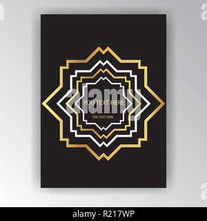Art Deco page template, octagonal geometric pattern with zoom in effect for print and web decoration, creative style background golden black white. Stock Vector