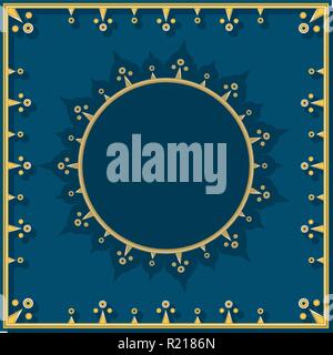 Golden pattern on blue royal background with round template for text in simplified neoclassical style. Stock Vector