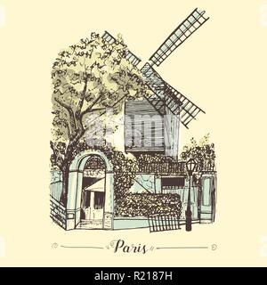 Moulin de la Galette hand drawn sketch. Paris famous touristic site vector. Montmartre district's symbol. Stock Vector