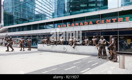 Statues of Toronto Maple Leafs ice hockey players pictured outside the Air Canada Centre.  The center has since been renamed the Scotiabank Arena. Stock Photo