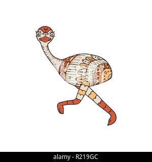 Tribal emu bird running isolated on white background. Cute stylized emu with ethnic ornament. Stock Vector