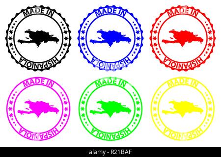 Made in Hispaniola - rubber stamp - vector, Hispaniola map pattern - black, blue, green, yellow, purple and red Stock Vector