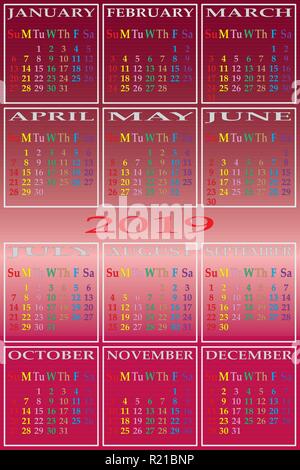 CALENDAR 2019 SEPARATED ON WHITE BACKGROUND with specific color for each day of the week on year color Stock Vector