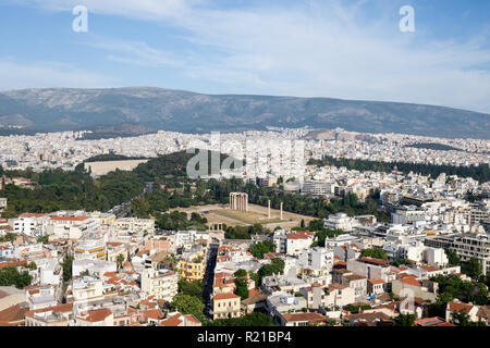 View from the Acropolis of Athens, Greece looking out towards the Temple of Olympian Zeus. Stock Photo
