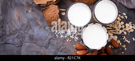 Oat, coconut and almond milk. Non-dairy vegan drink Stock Photo