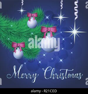 Brilliant Vector illustration of Stars and sparkles on blue background, with Christmas decorations, balls, spruce branch, hand lettering merry christm Stock Vector