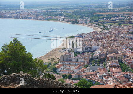 Spain Costa Brava, aerial view of the seaside town of Roses on the Mediterranean coast, Girona, Catalonia, Alt Emporda Stock Photo