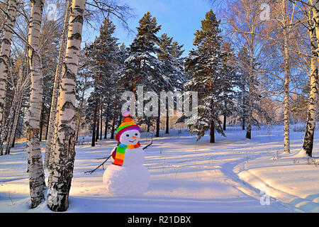 Funny smiling snowman in bright striped hat and scarf on snowy glade in winter forest among white trunks of birch trees and green firs near ski track. Stock Photo