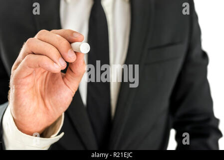 Closeup of businessman writing on virtual screen. Ready for your text. Stock Photo