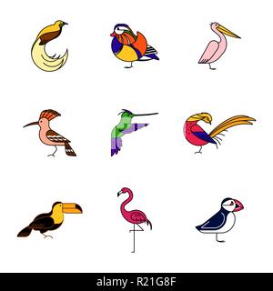 Birds are different species. Colour icons set. Can be used for logo, print, web site Stock Vector