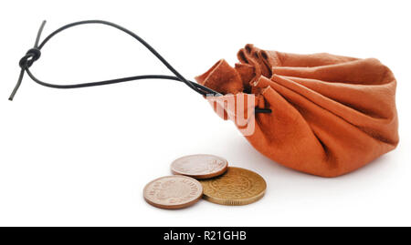 Leather coin pouch with Danish Krone over white background Stock Photo
