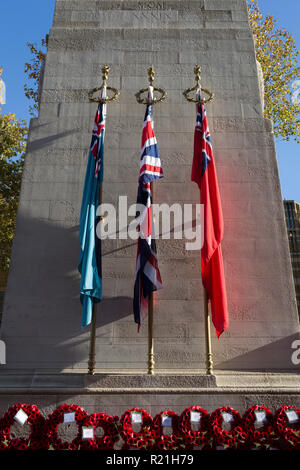 The many wreaths at the Centotaph left 2 two days after  Remembrance Sunday, commemorating the 100th anniversary of the WW1 armistice, on 13th November 2018, in London, England. Stock Photo