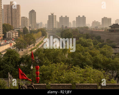 Moat by the side of the city wall in Xian, China on smoggy day Stock Photo