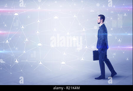 Linking people concept with lonely elegant businessman who walking ...